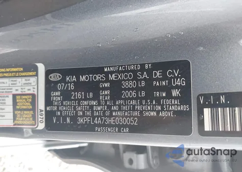 2017 Kia Forte S z USA, uszkodzony, nr VIN 3KPFL4A73HE030052